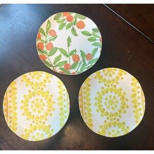 3 Vera for Anthropologie Melamine 8” Plates-2 Yellow Pattern, 1 Orange Poppies